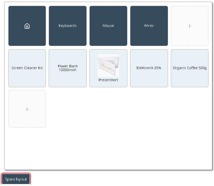 Genvägar i adminvyn med knappen Spara layout markerad