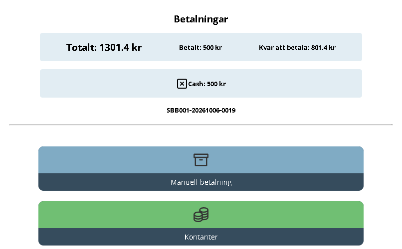 Betalningsvyn efter en kontant delbetalning, med resterande belopp kvar att betala