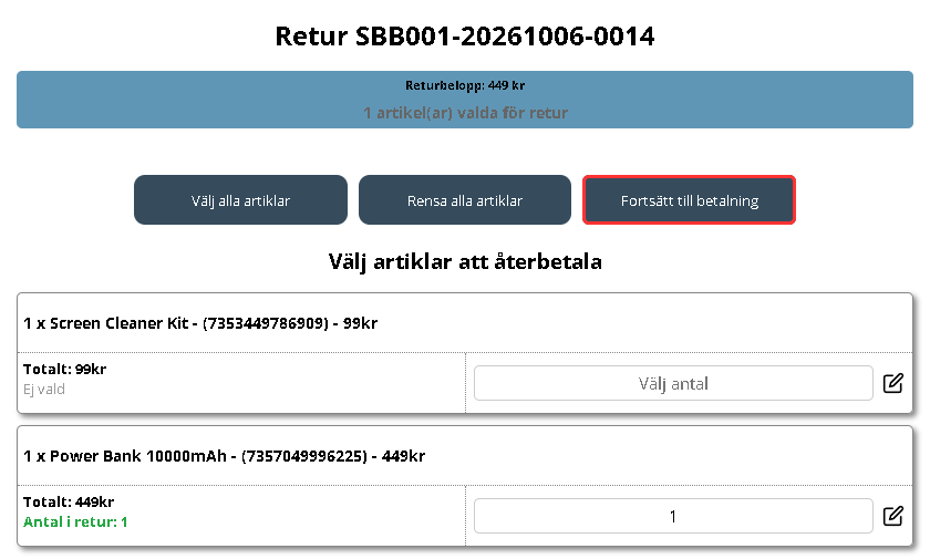 Returvyn med en av två rader vald för retur