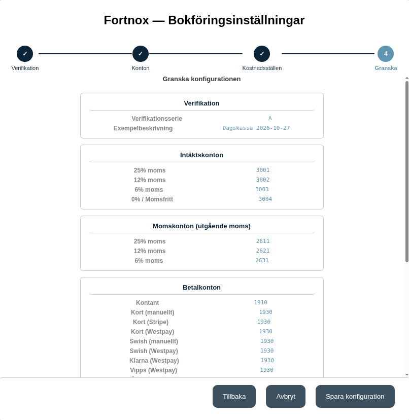Steget Granska: sammanställning av inställningarna innan de sparas