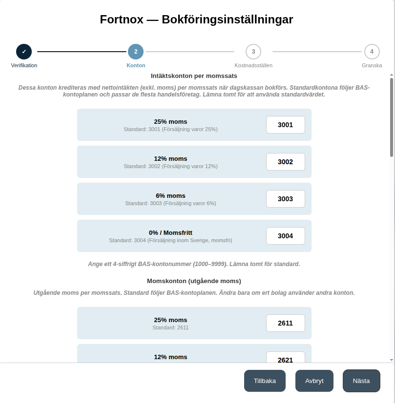 Steget Konton: intäktskonton och momskonton per momssats