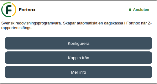 Fortnox-kortet i Integrationer, med status Ansluten
