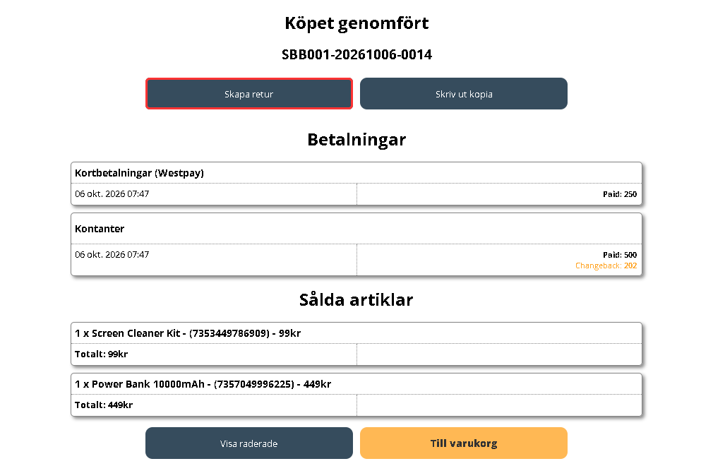 Orderdetaljerna med knappen Skapa retur markerad