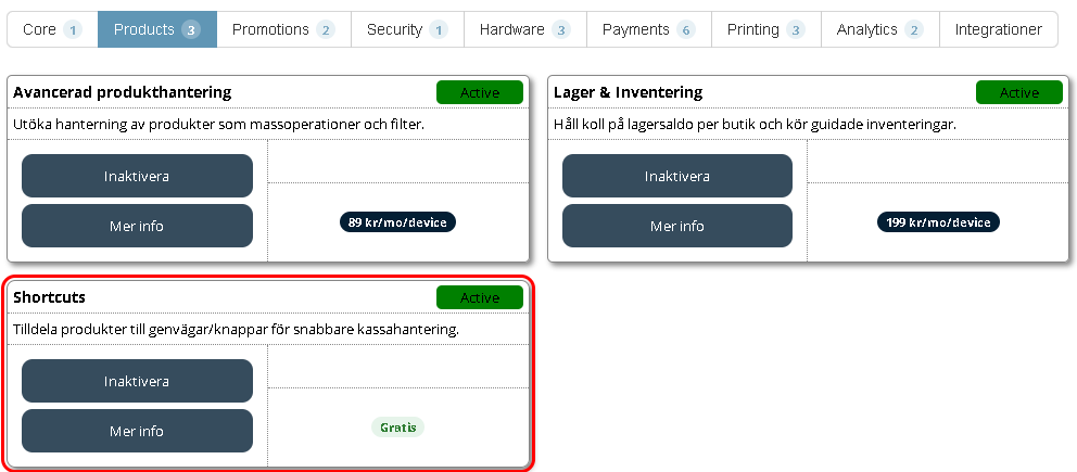 Modulen Shortcuts aktiv i Moduler-vyn