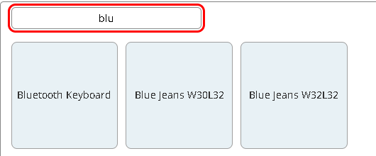 Produktsökningen i kassan med träffar på "blu"
