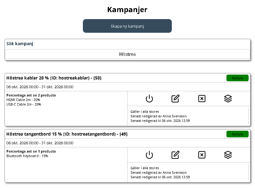 Kampanjlistan i adminvyn