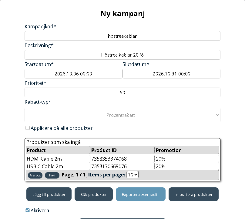 Formuläret för en ny kampanj