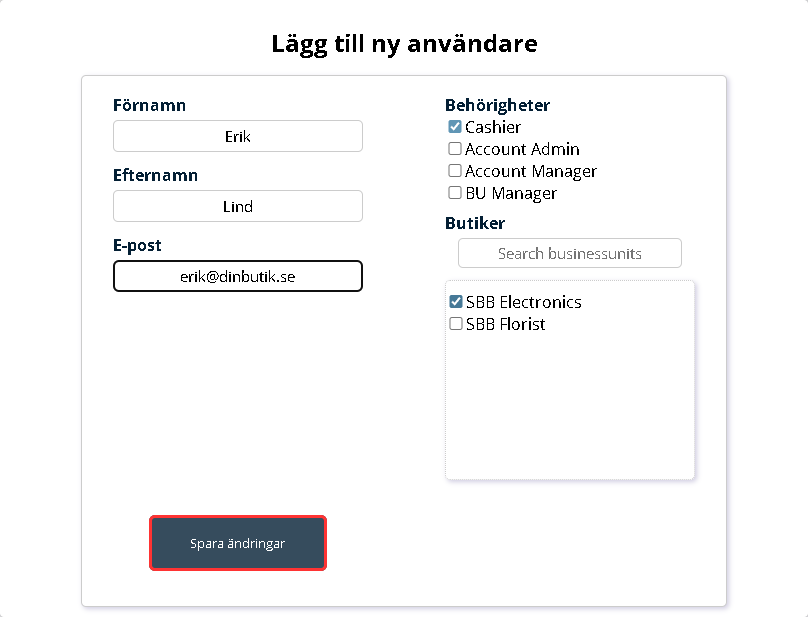 Formuläret Lägg till ny användare ifyllt med en kassör