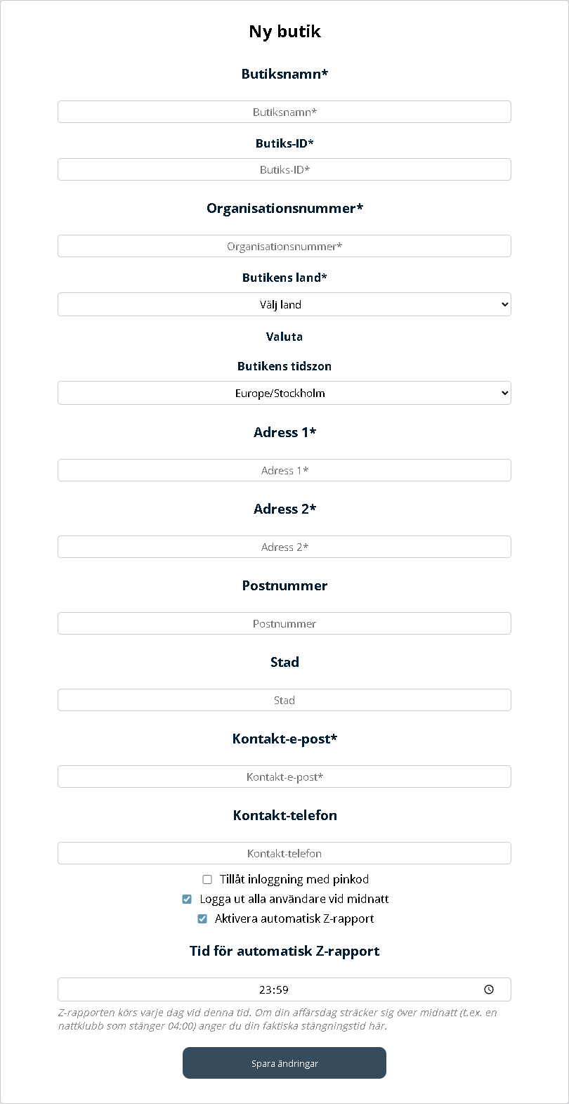 Formuläret Ny butik