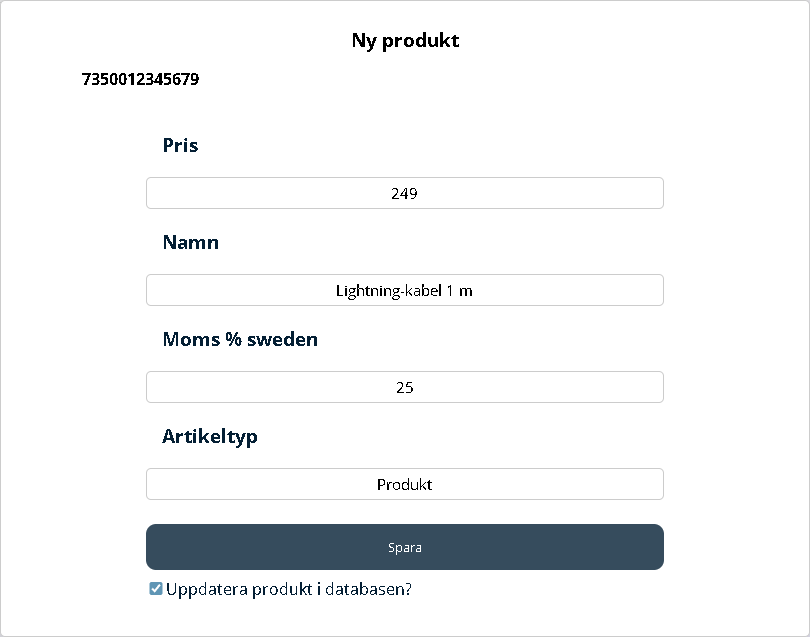 Formuläret Ny produkt som öppnas för en okänd streckkod