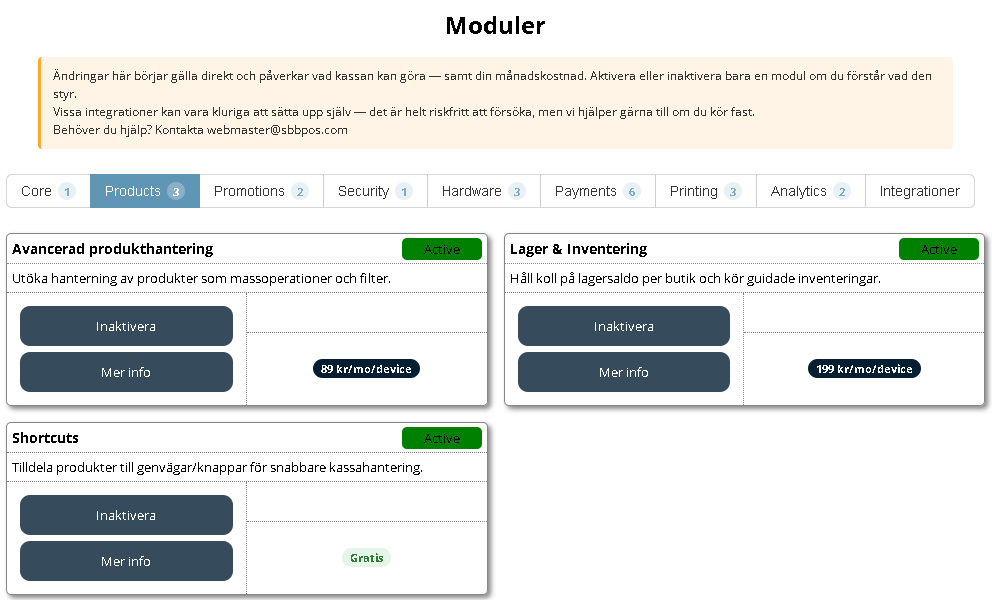 Moduler-sidan där aktiva moduler är märkta Active