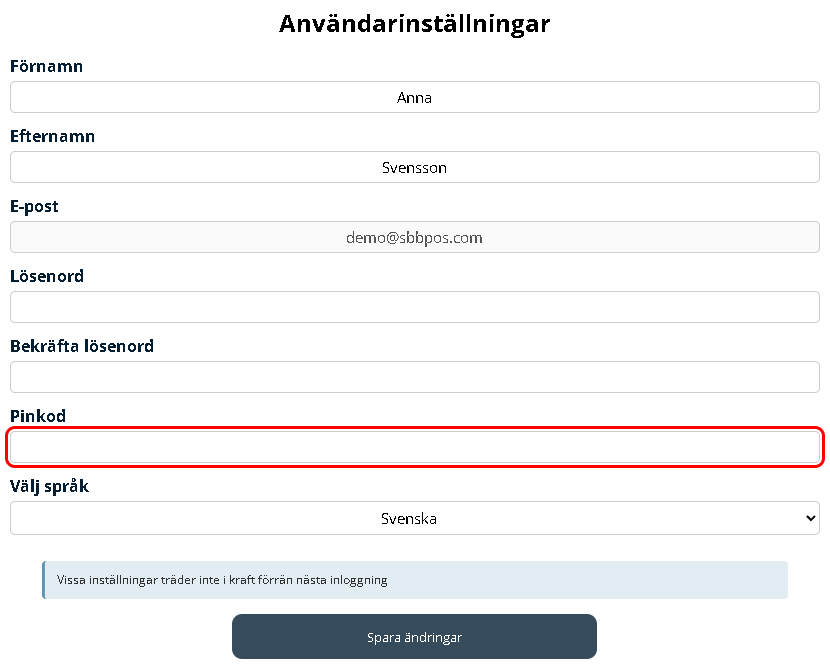 Fältet Pinkod under Användarinställningar