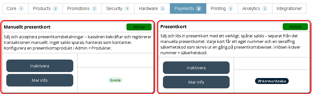 Modulerna Manuellt presentkort och Presentkort under fliken Payments