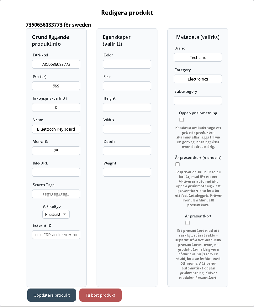 En produkt öppen för redigering med alla fält synliga