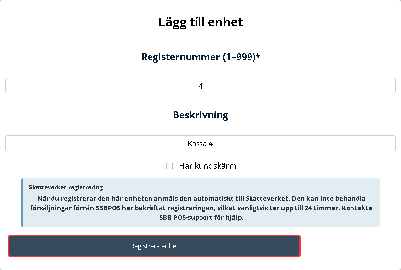 Formuläret Lägg till enhet med knappen Registrera enhet markerad