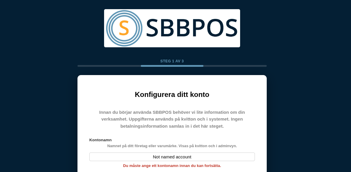 Onboarding-guiden med steg för konto, butik och enhet