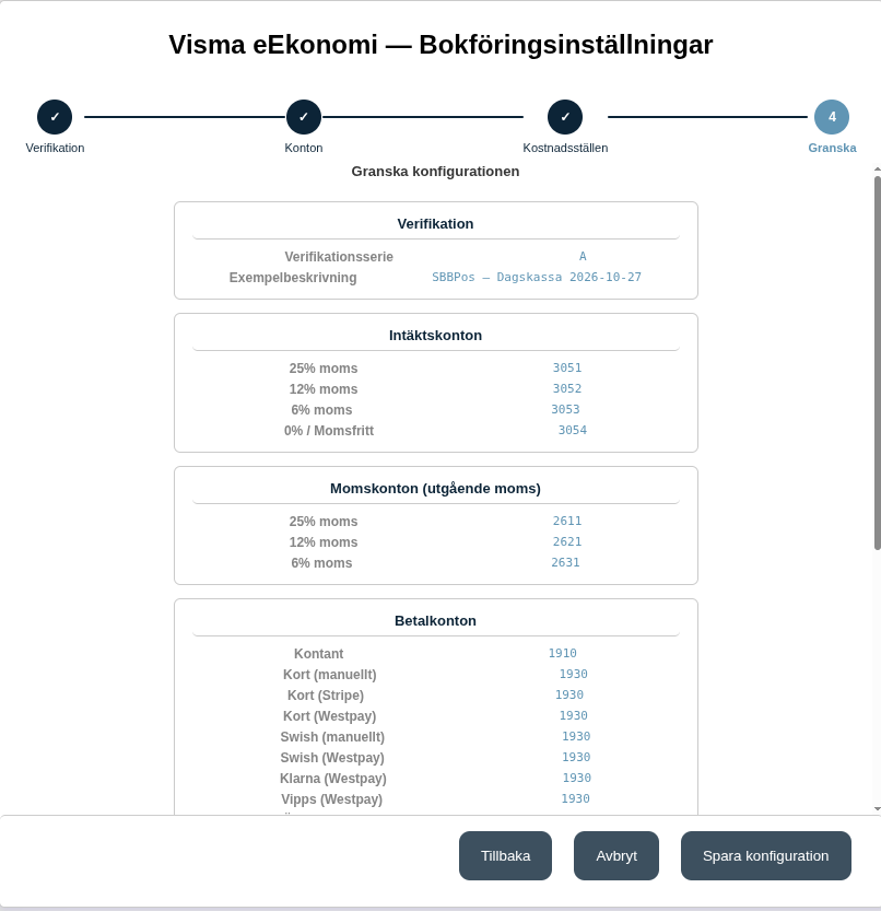 Steget Granska: sammanställning av inställningarna innan de sparas
