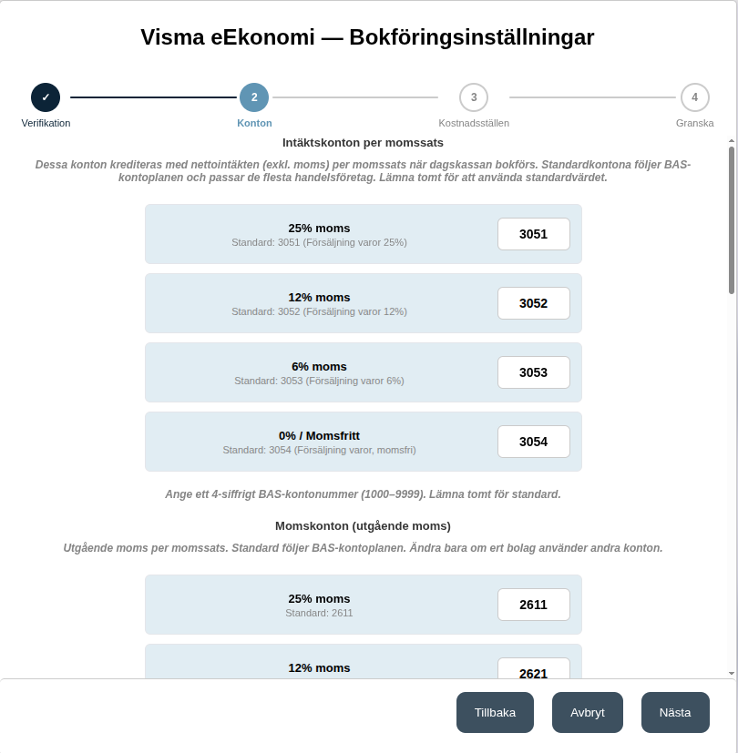 Steget Konton: intäktskonton och momskonton per momssats
