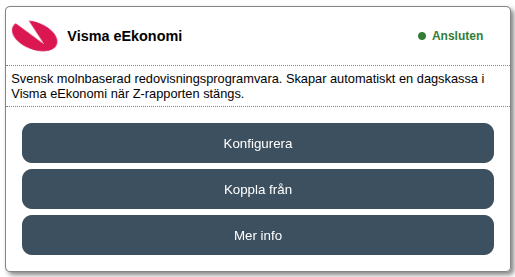 Visma eEkonomi-kortet i Integrationer, med status Ansluten