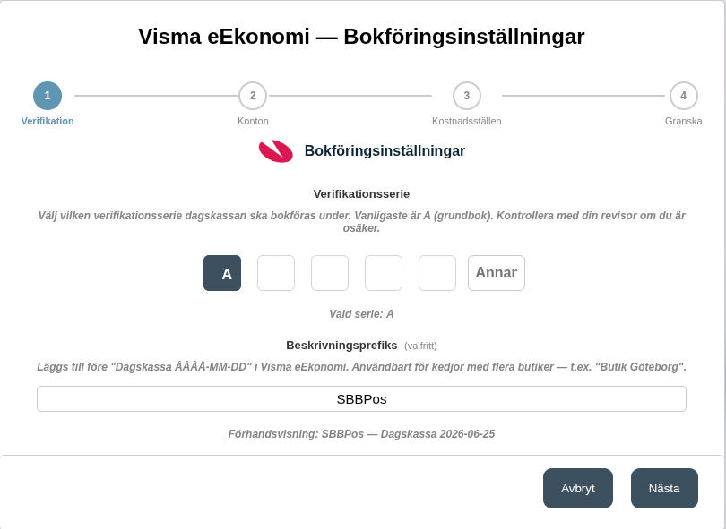 Steget Verifikation: val av verifikationsserie och beskrivningsprefix
